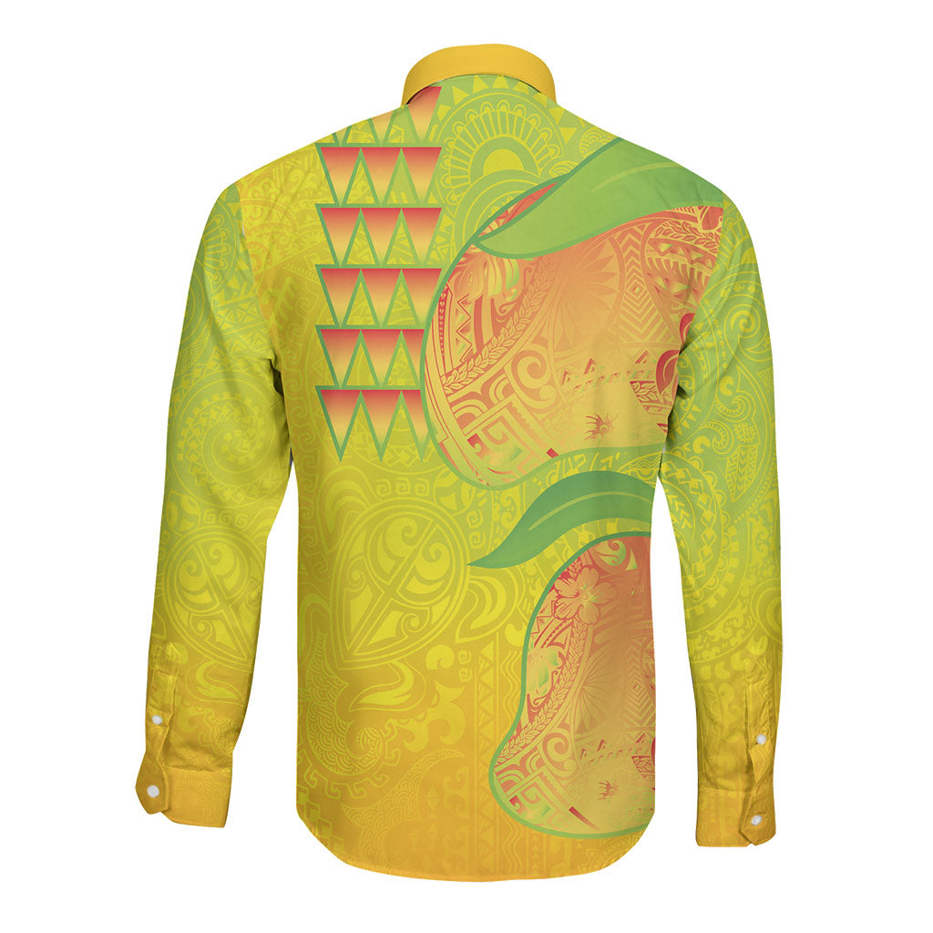 Hawaiian Mango Long Sleeve Button Shirt Polynesian Art Pattern and Kakau Tattoo