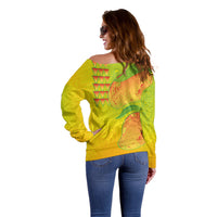 Hawaiian Mango Off Shoulder Sweater Polynesian Art Pattern and Kakau Tattoo