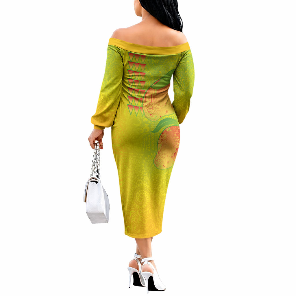 Hawaiian Mango Off The Shoulder Long Sleeve Dress Polynesian Art Pattern and Kakau Tattoo