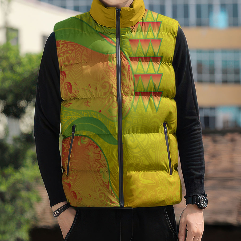 Hawaiian Mango Sleeveless Puffer Jacket Polynesian Art Pattern and Kakau Tattoo