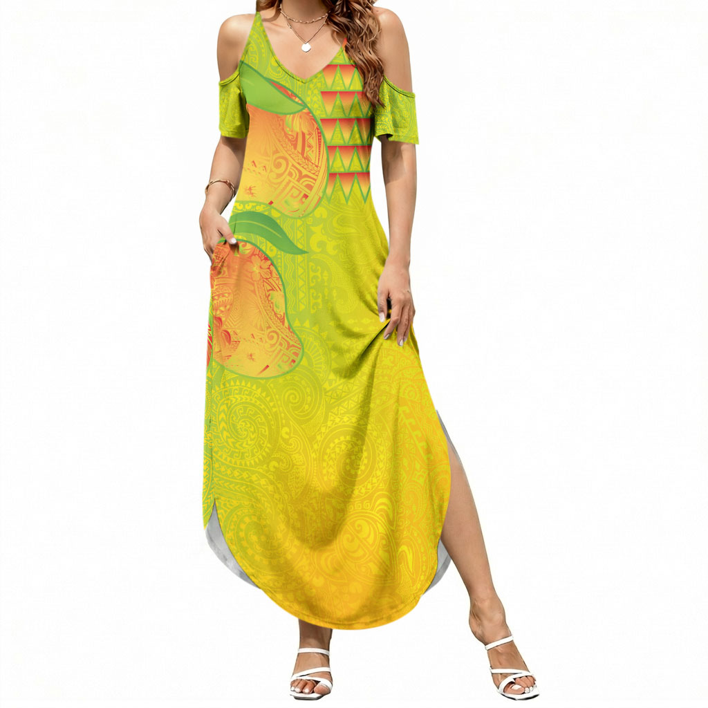 Hawaiian Mango Summer Maxi Dress Polynesian Art Pattern and Kakau Tattoo