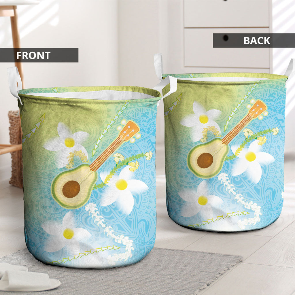 Hawaiian Ukulele Avocado Laundry Basket Leis and Polynesian Pattern