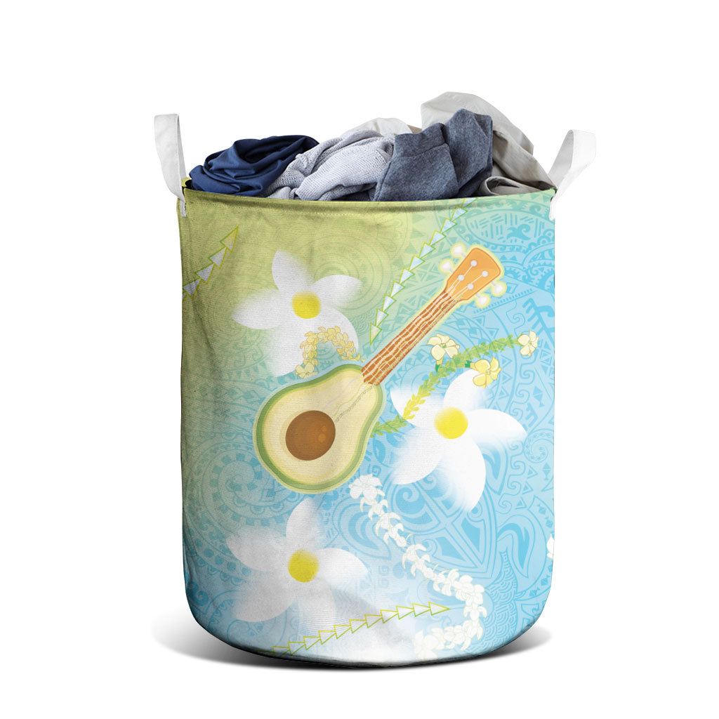 Hawaiian Ukulele Avocado Laundry Basket Leis and Polynesian Pattern