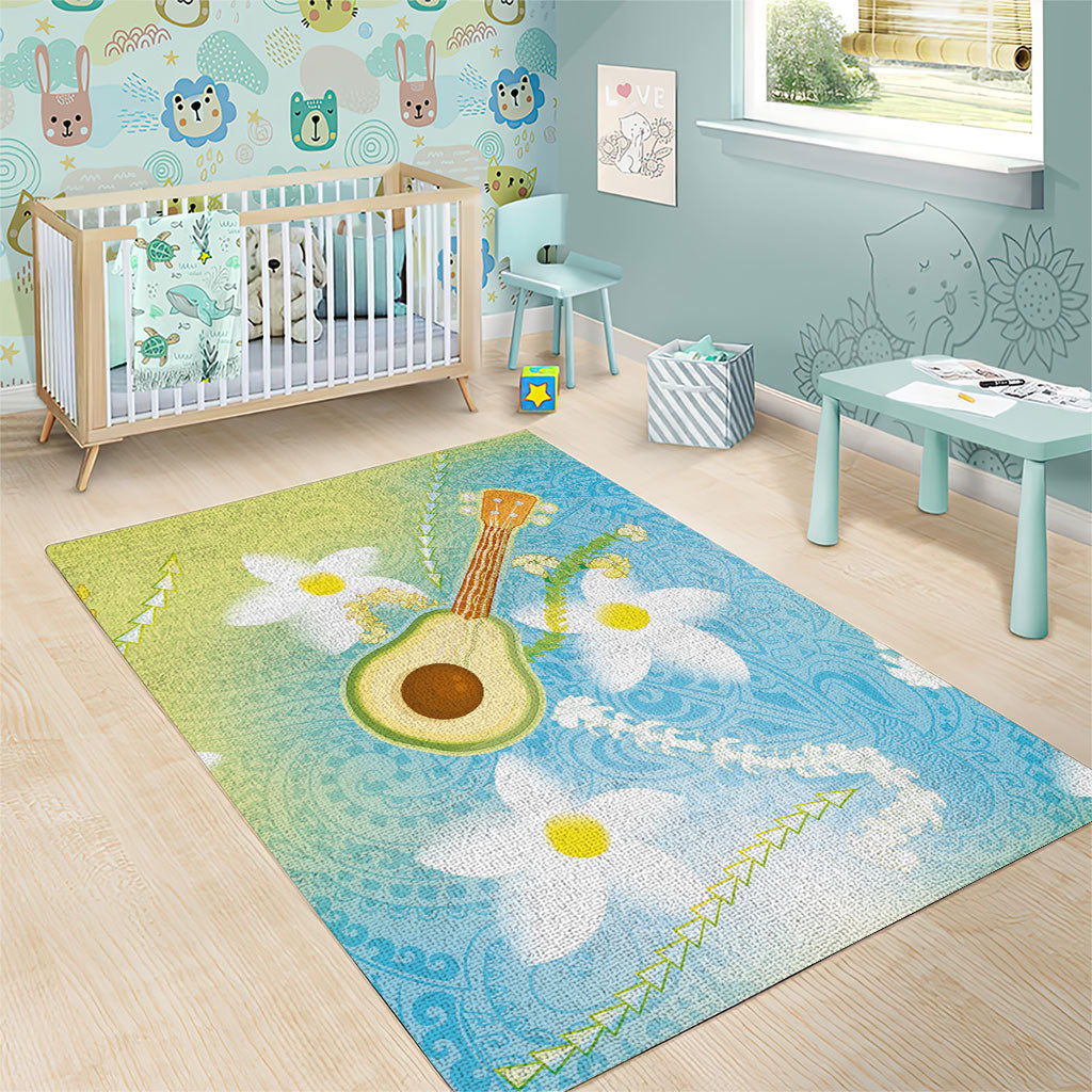 Hawaiian Ukulele Avocado Area Rug Leis and Polynesian Pattern