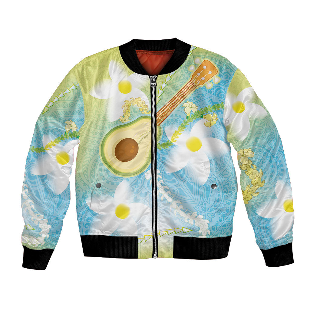 Hawaiian Ukulele Avocado Bomber Jacket Leis and Polynesian Pattern