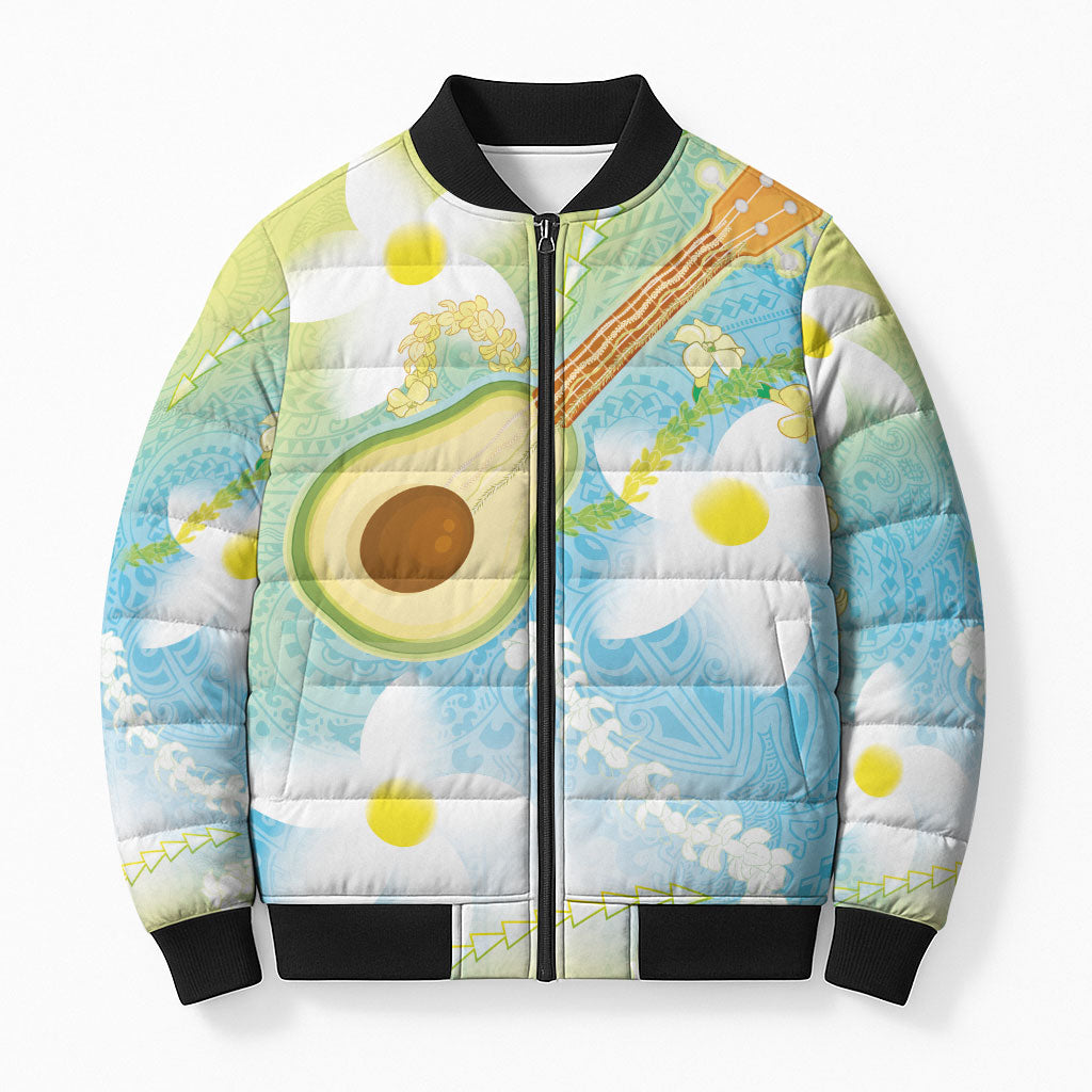 Hawaiian Ukulele Avocado Bomber Puffer Jacket Leis and Polynesian Pattern LT03 Unisex White - Polynesian Pride