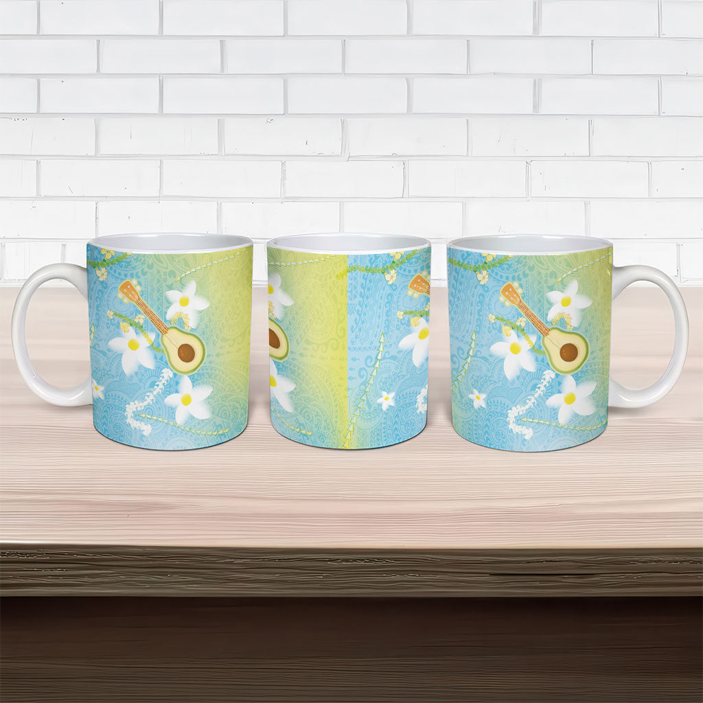 Hawaiian Ukulele Avocado Ceramic Mug Leis and Polynesian Pattern