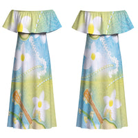 Hawaiian Ukulele Avocado Couples Matching Off Shoulder Maxi Dress and Hawaiian Shirt Leis and Polynesian Pattern