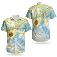 Hawaiian Ukulele Avocado Couples Matching Off The Shoulder Long Sleeve Dress and Hawaiian Shirt Leis and Polynesian Pattern
