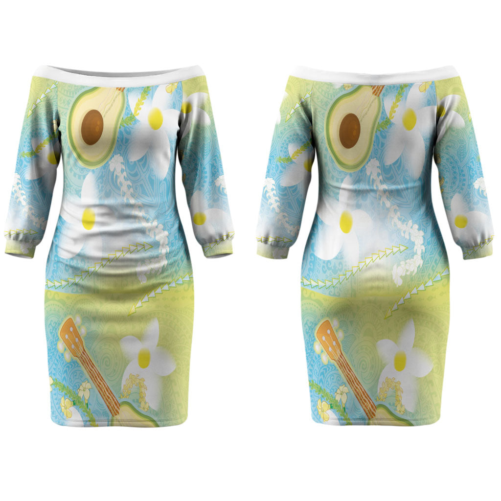 Hawaiian Ukulele Avocado Couples Matching Off The Shoulder Long Sleeve Dress and Long Sleeve Button Shirt Leis and Polynesian Pattern