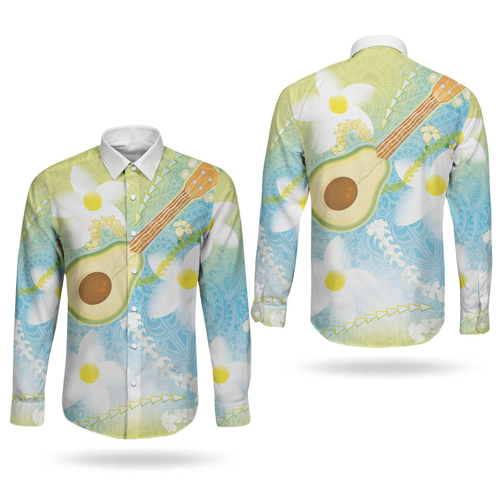 Hawaiian Ukulele Avocado Couples Matching Summer Maxi Dress and Long Sleeve Button Shirt Leis and Polynesian Pattern