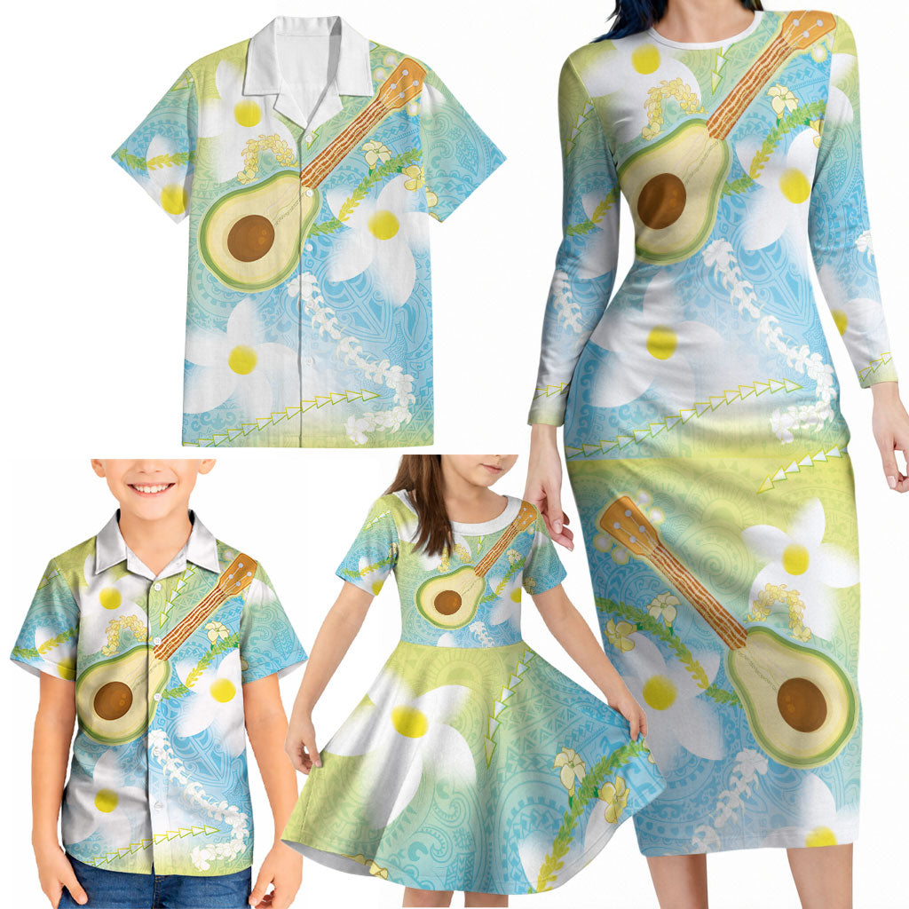 Hawaiian Ukulele Avocado Family Matching Long Sleeve Bodycon Dress and Hawaiian Shirt Leis and Polynesian Pattern
