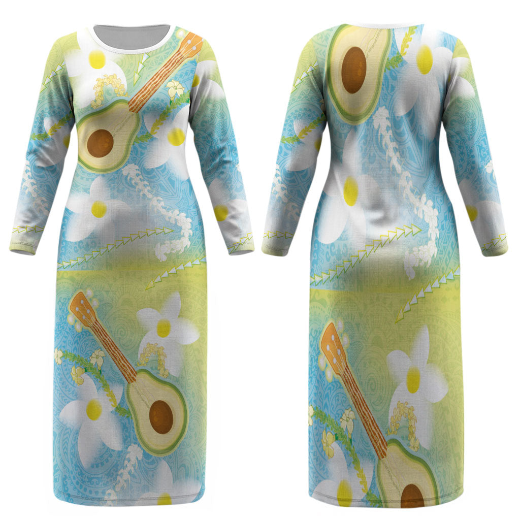 Hawaiian Ukulele Avocado Family Matching Long Sleeve Bodycon Dress and Hawaiian Shirt Leis and Polynesian Pattern