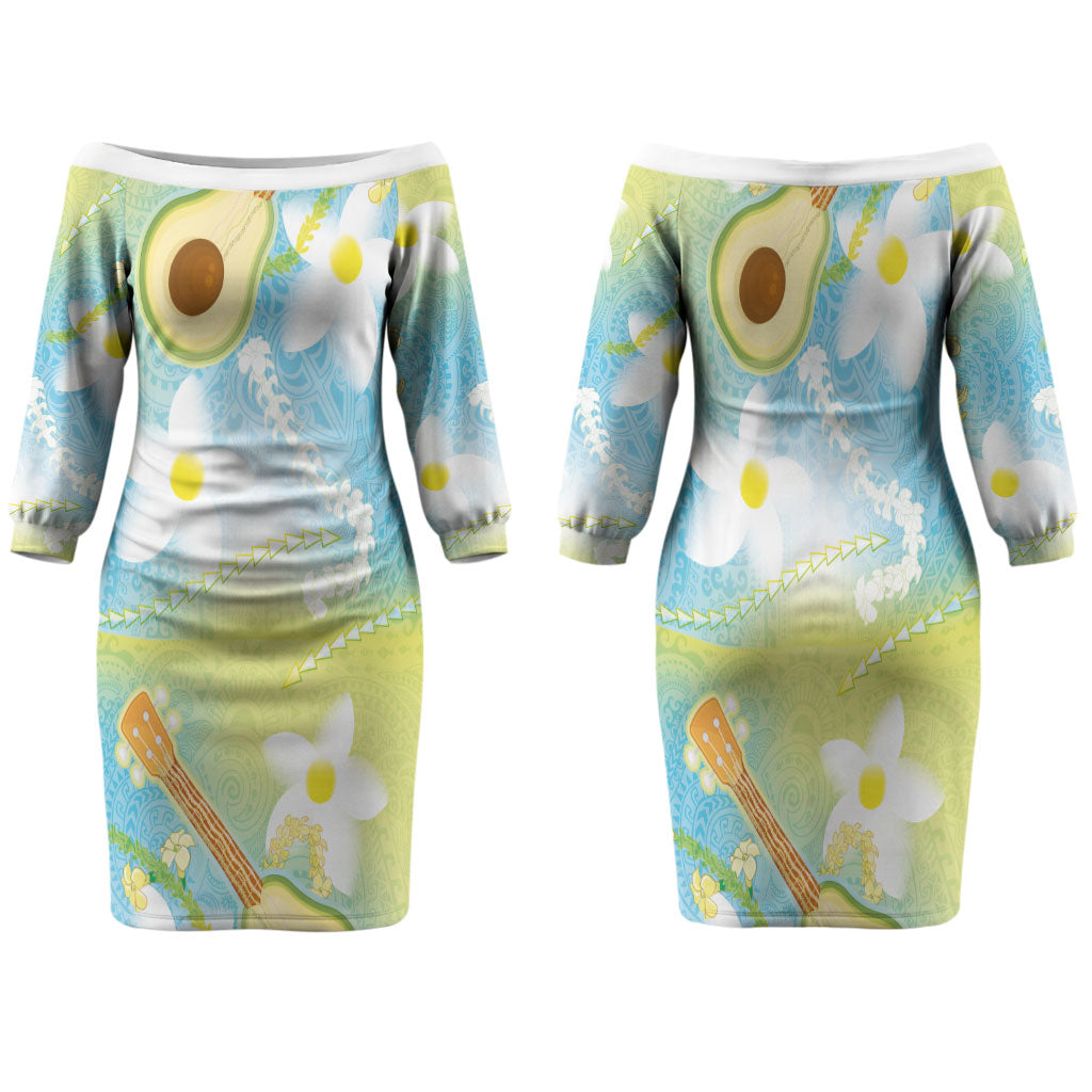 Hawaiian Ukulele Avocado Family Matching Off The Shoulder Long Sleeve Dress and Hawaiian Shirt Leis and Polynesian Pattern