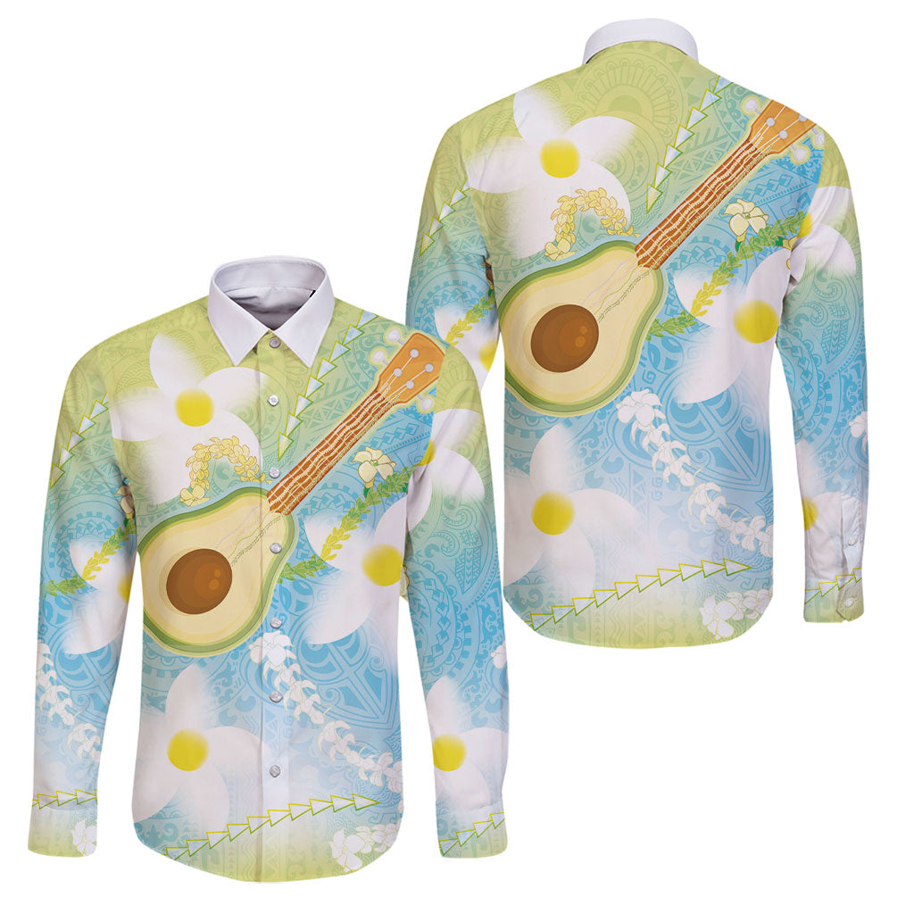 Hawaiian Ukulele Avocado Family Matching Off The Shoulder Long Sleeve Dress and Hawaiian Shirt Leis and Polynesian Pattern