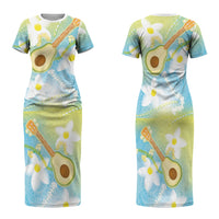 Hawaiian Ukulele Avocado Family Matching Short Sleeve Bodycon Dress and Hawaiian Shirt Leis and Polynesian Pattern