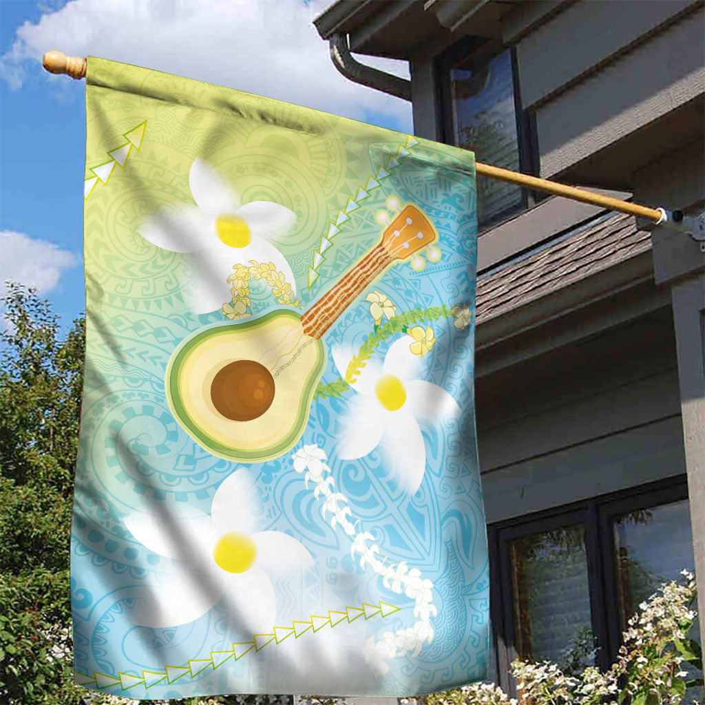 Hawaiian Ukulele Avocado Garden Flag Leis and Polynesian Pattern