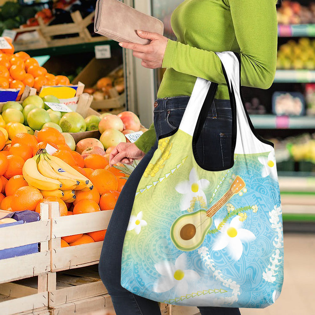 Hawaiian Ukulele Avocado Grocery Bag Leis and Polynesian Pattern