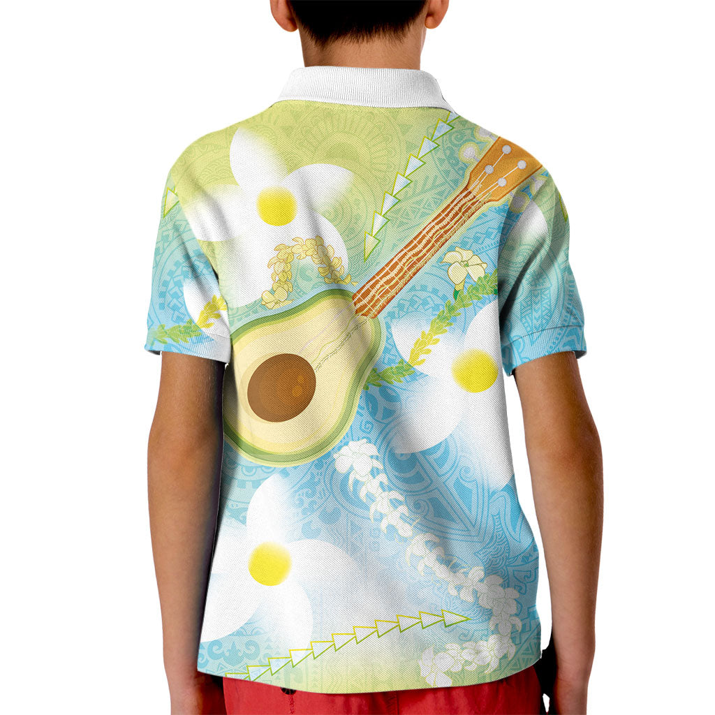 Hawaiian Ukulele Avocado Kid Polo Shirt Leis and Polynesian Pattern