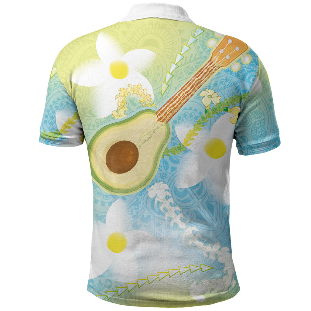 Hawaiian Ukulele Avocado Polo Shirt Leis and Polynesian Pattern