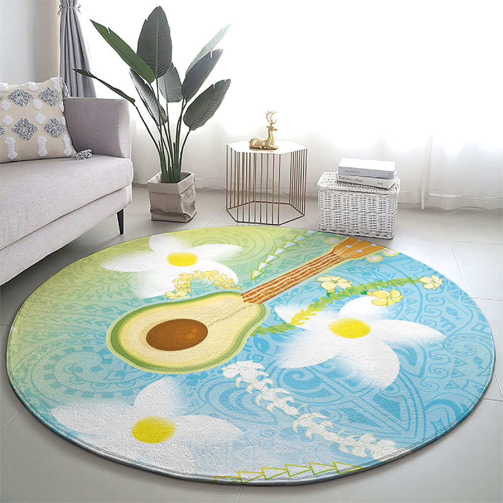 Hawaiian Ukulele Avocado Round Carpet Leis and Polynesian Pattern