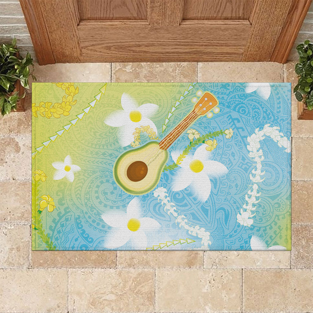 Hawaiian Ukulele Avocado Rubber Doormat Leis and Polynesian Pattern