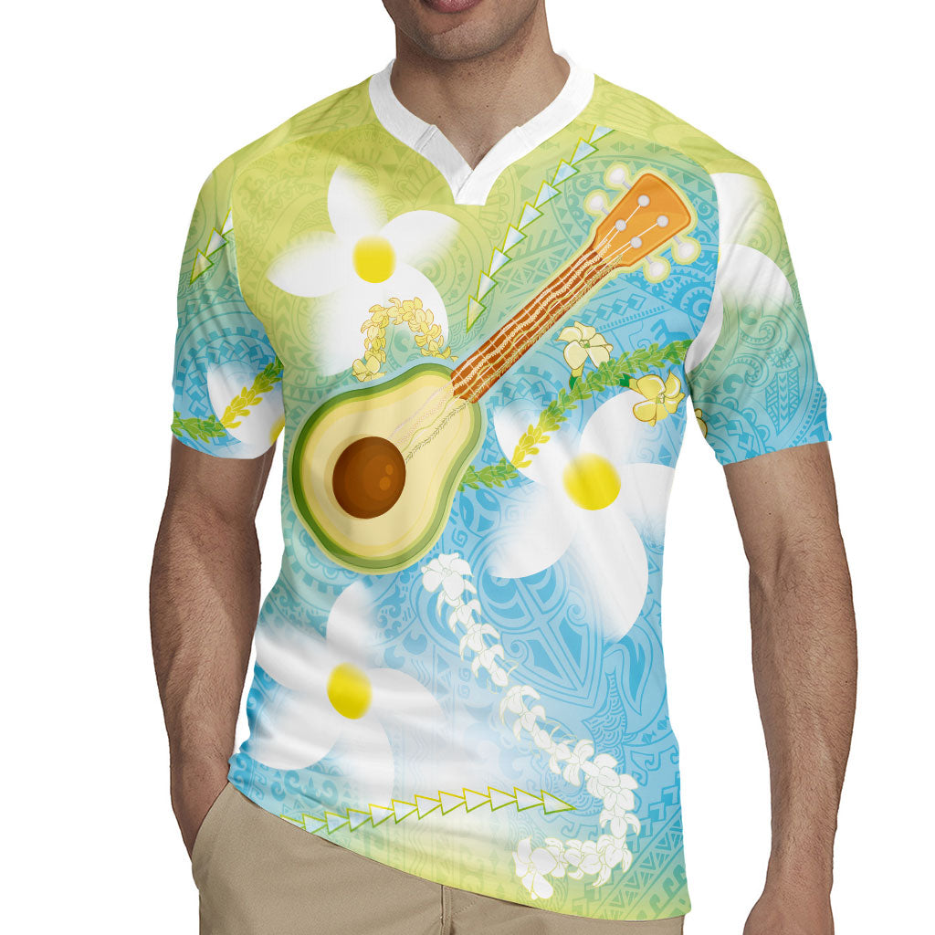 Hawaiian Ukulele Avocado Rugby Jersey Leis and Polynesian Pattern
