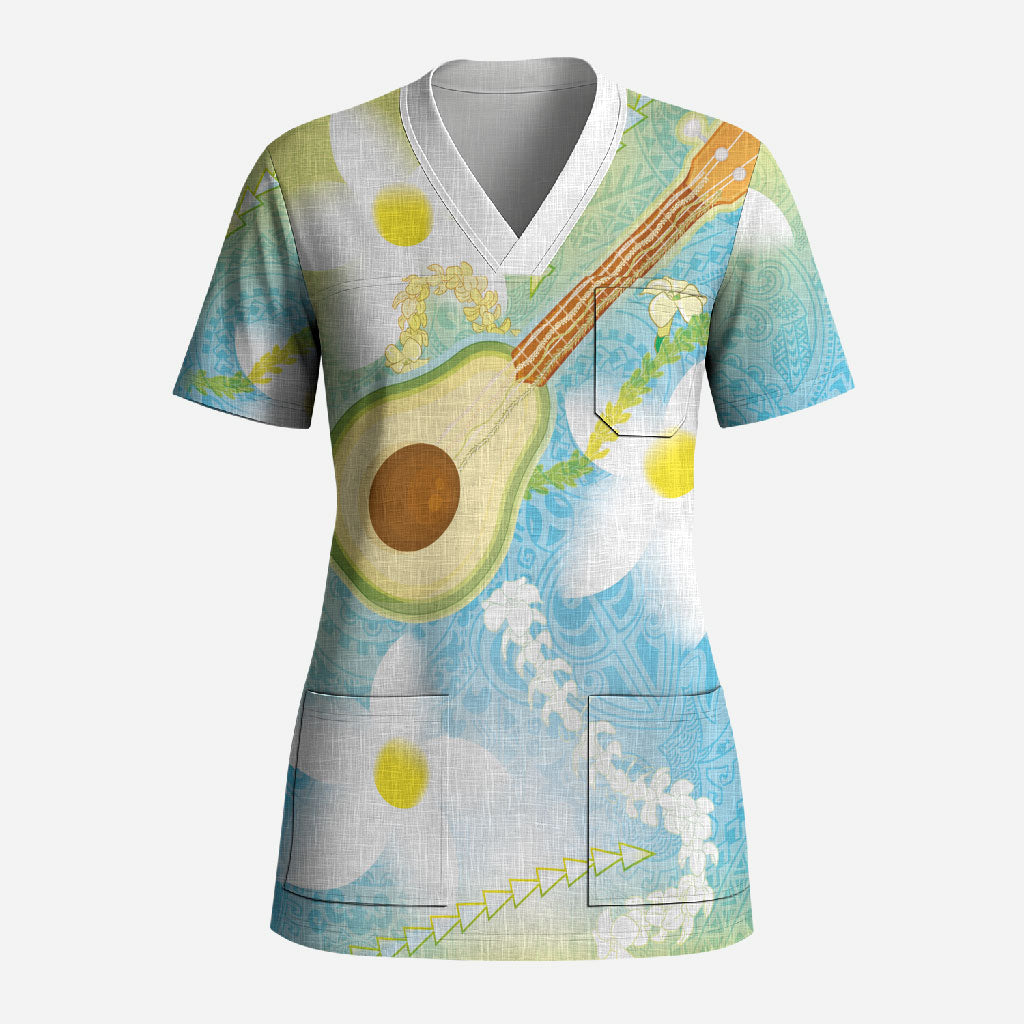 Hawaiian Ukulele Avocado Scrub Top Leis and Polynesian Pattern LT03 Adult White - Polynesian Pride