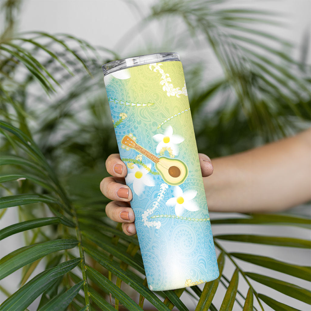 Hawaiian Ukulele Avocado Skinny Tumbler Leis and Polynesian Pattern