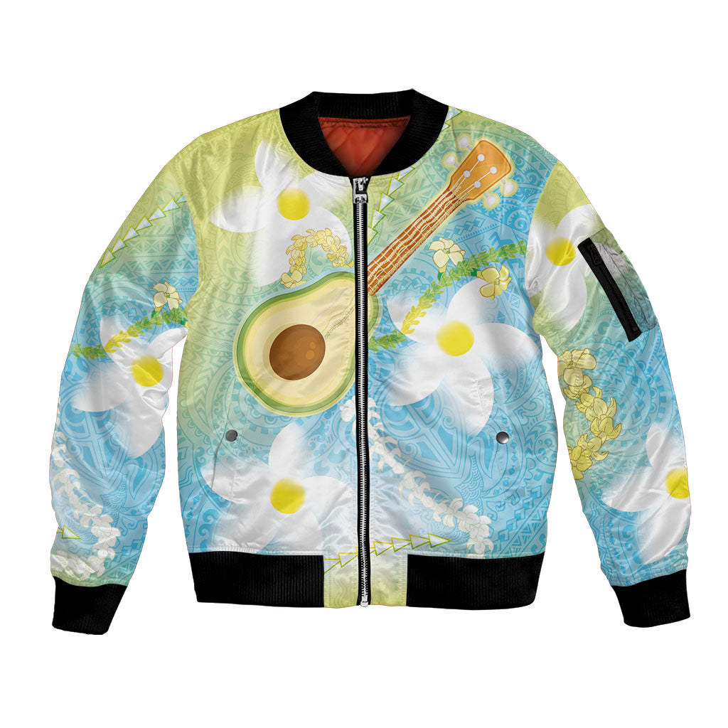 Hawaiian Ukulele Avocado Sleeve Zip Bomber Jacket Leis and Polynesian Pattern LT03 Unisex White - Polynesian Pride