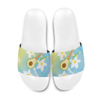 Hawaiian Ukulele Avocado Slide Sandals Leis and Polynesian Pattern
