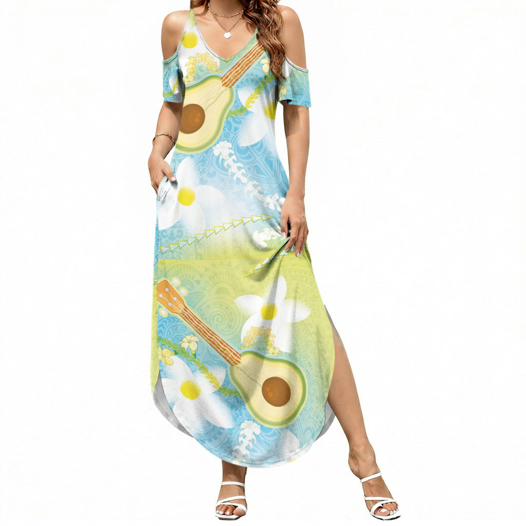 Hawaiian Ukulele Avocado Summer Maxi Dress Leis and Polynesian Pattern