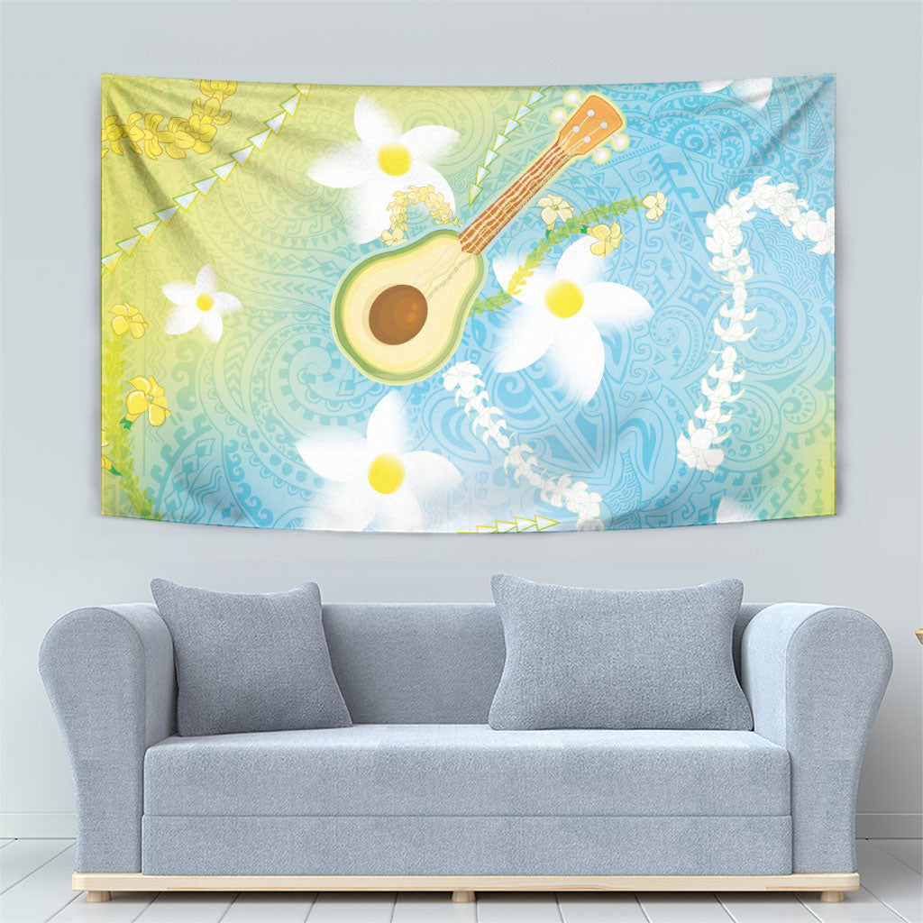 Hawaiian Ukulele Avocado Tapestry Leis and Polynesian Pattern