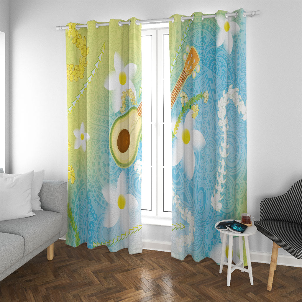 Hawaiian Ukulele Avocado Window Curtain Leis and Polynesian Pattern
