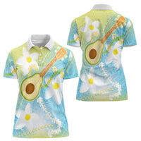 Hawaiian Ukulele Avocado Women Polo Shirt Leis and Polynesian Pattern
