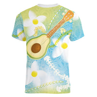 Hawaiian Ukulele Avocado Women V-Neck T-Shirt Leis and Polynesian Pattern