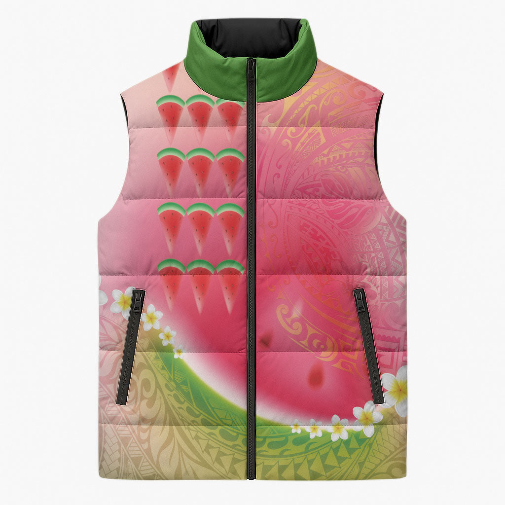 Hawaiian Watermelon Sleeveless Puffer Jacket with Kakau Art Tattoo LT03 Unisex Multicolor - Polynesian Pride