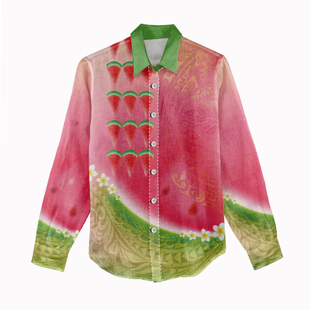 Hawaiian Watermelon Women Casual Shirt with Kakau Art Tattoo