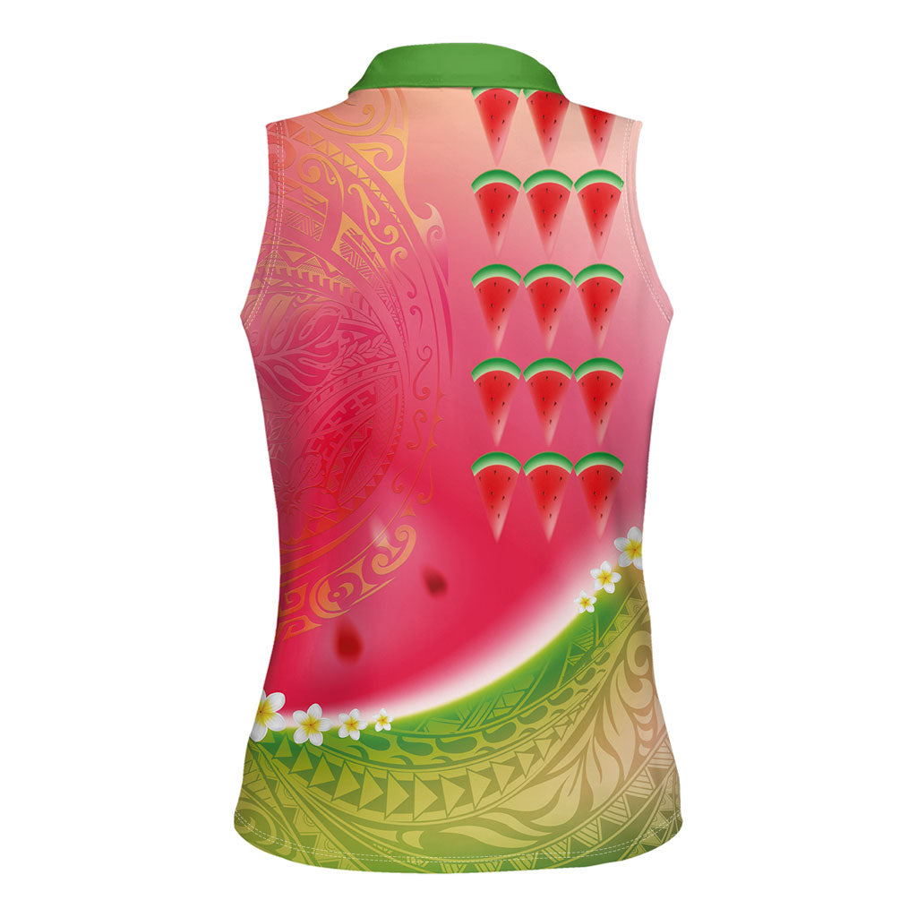 Hawaiian Watermelon Women Sleeveless Polo Shirt with Kakau Art Tattoo
