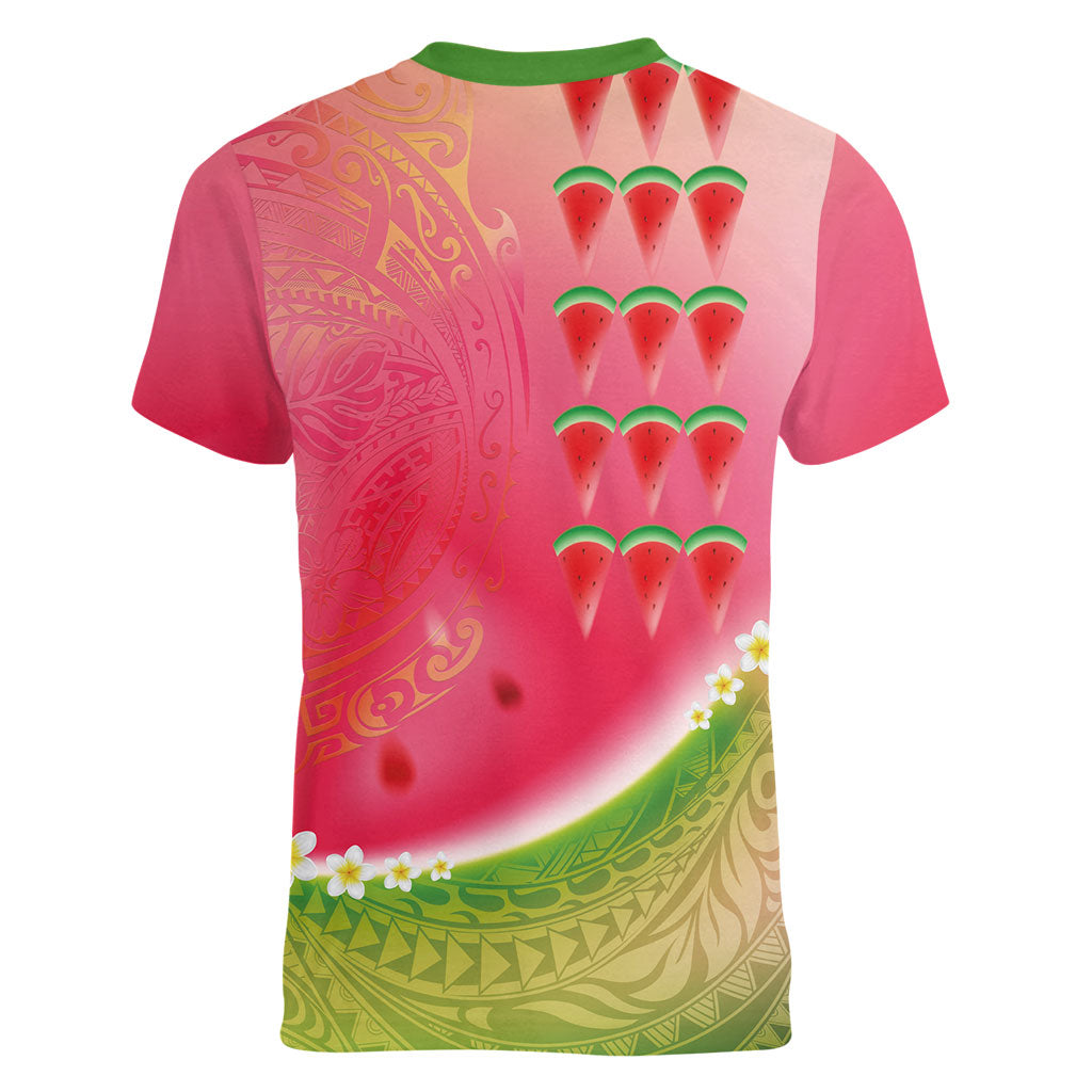 Hawaiian Watermelon Women V-Neck T-Shirt with Kakau Art Tattoo