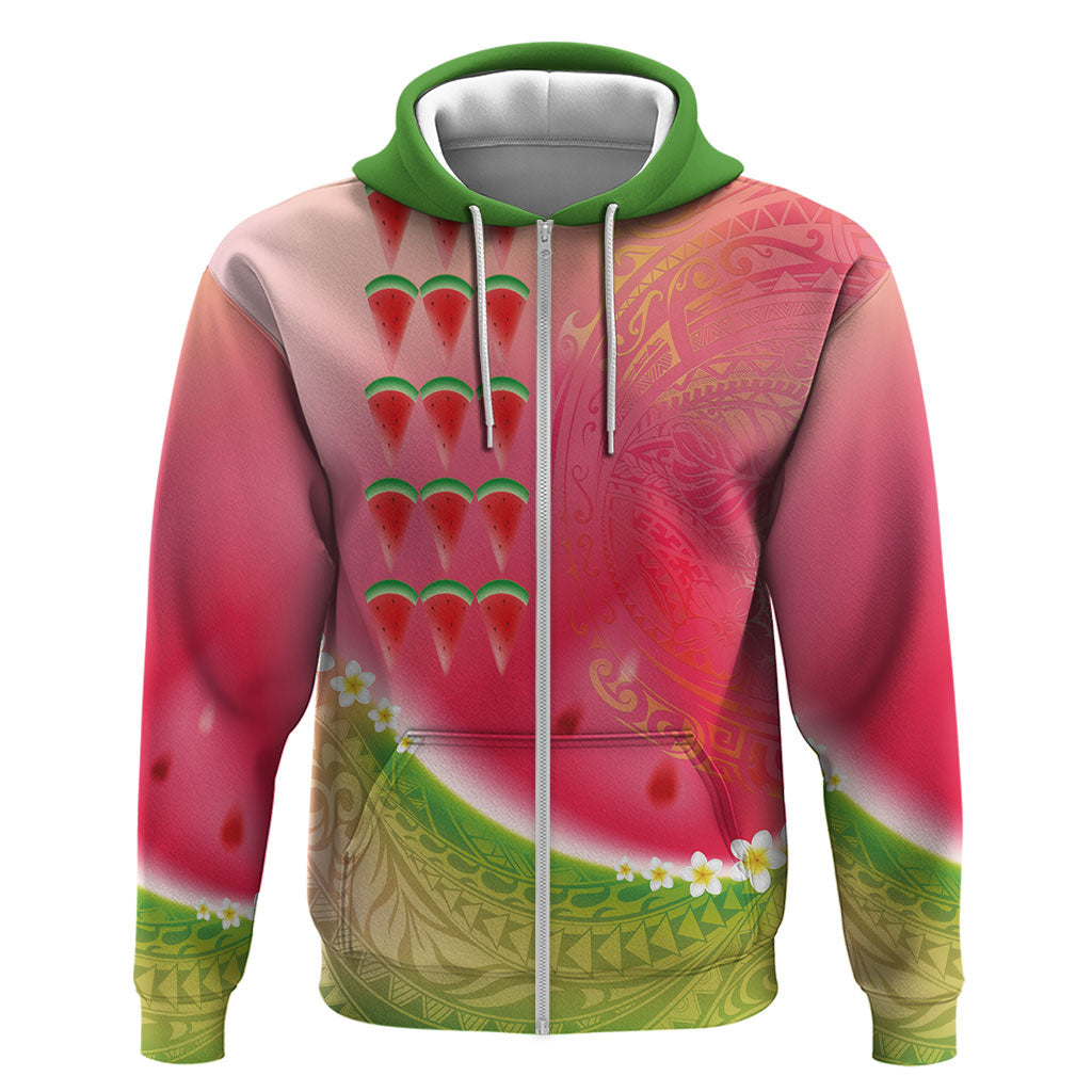 Hawaiian Watermelon Zip Hoodie with Kakau Art Tattoo