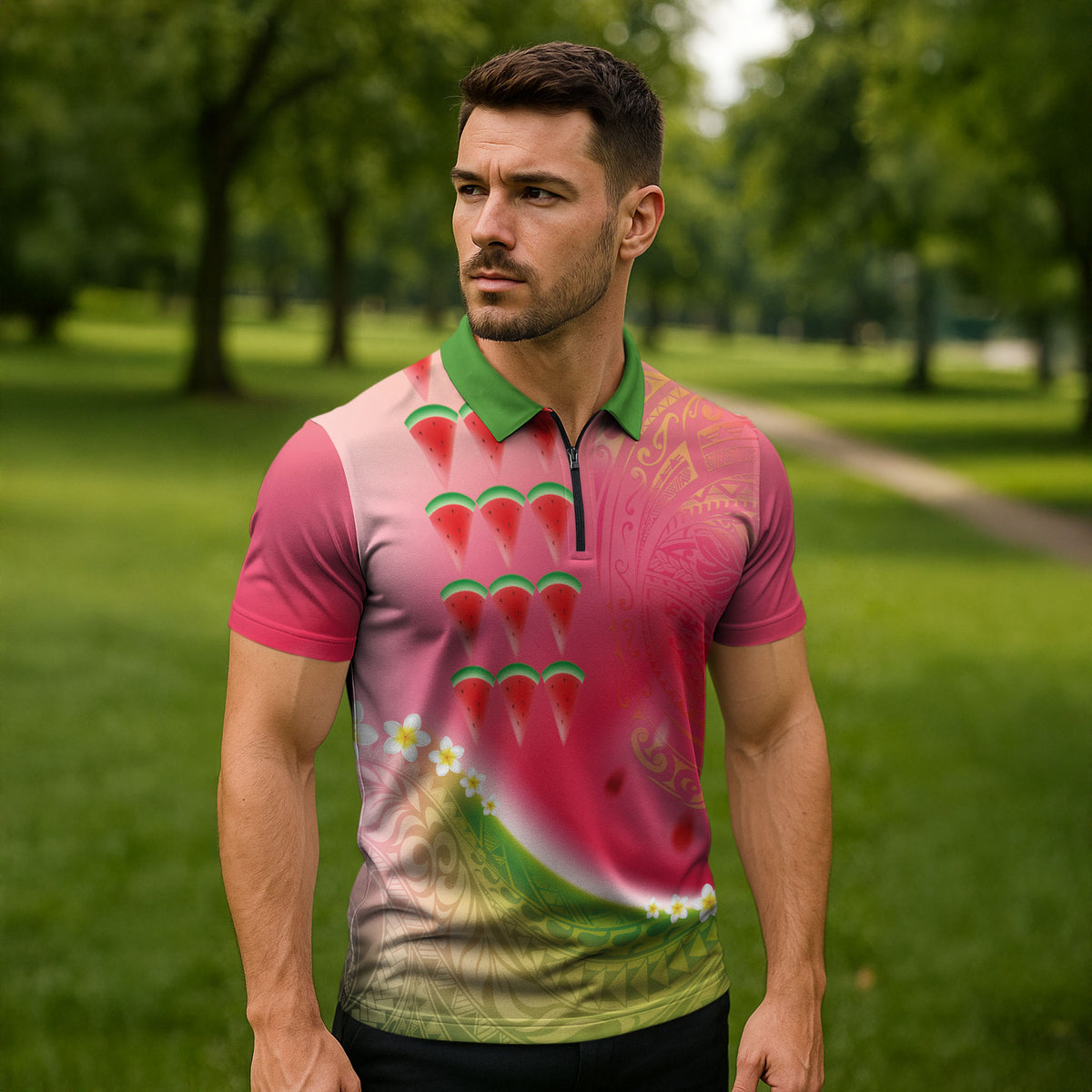 Hawaiian Watermelon Zipper Polo Shirt with Kakau Art Tattoo