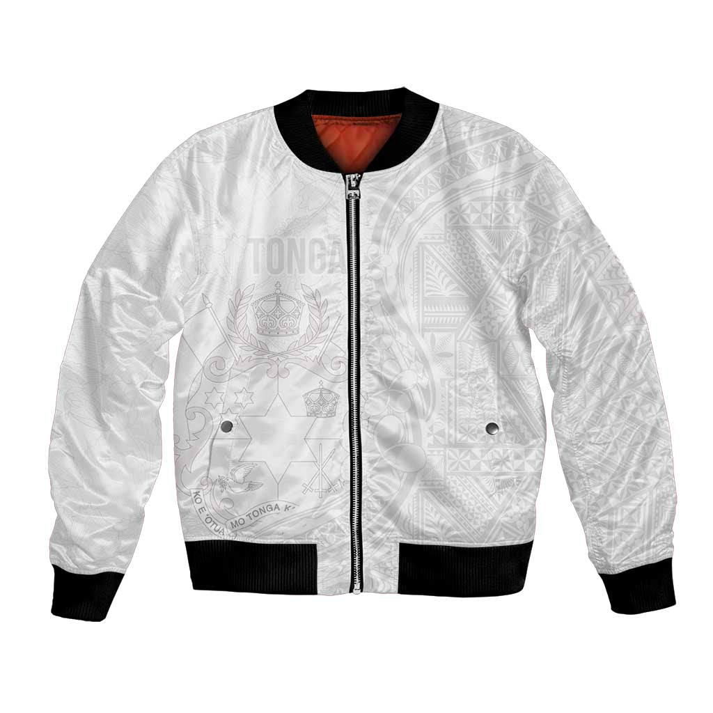 Tonga Faka Sepitema Bomber Jacket Ngatu Pattern with Plumeria and Hibiscus LT03 Unisex White - Polynesian Pride