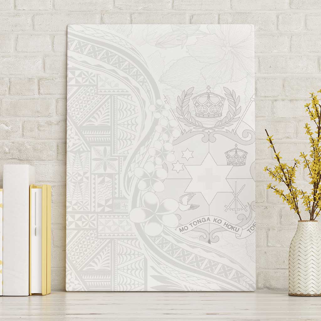 Tonga Faka Sepitema Canvas Wall Art Ngatu Pattern with Plumeria and Hibiscus LT03 Without Frame White - Polynesian Pride