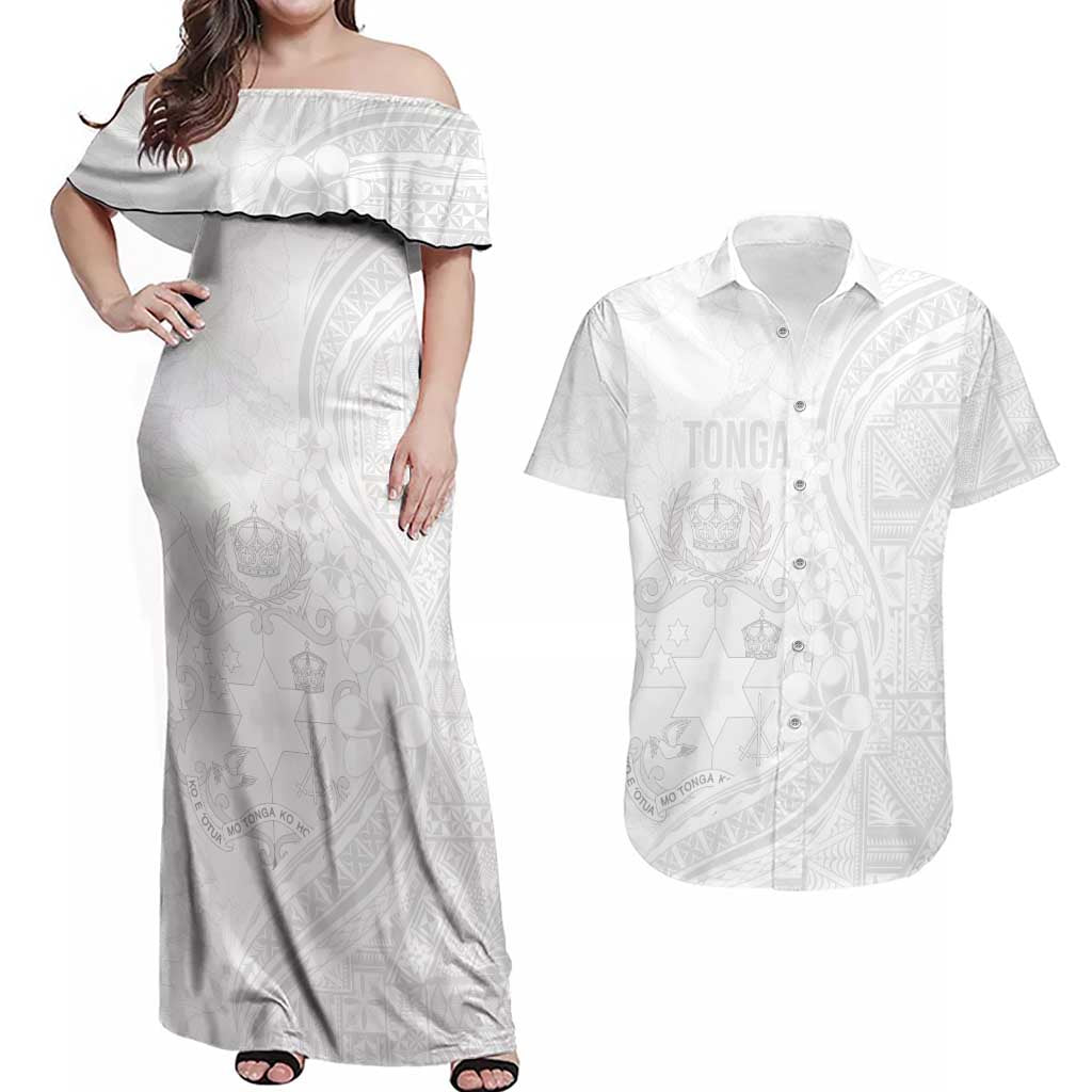 Tonga Faka Sepitema Couples Matching Off Shoulder Maxi Dress and Hawaiian Shirt Ngatu Pattern with Plumeria and Hibiscus LT03 White - Polynesian Pride