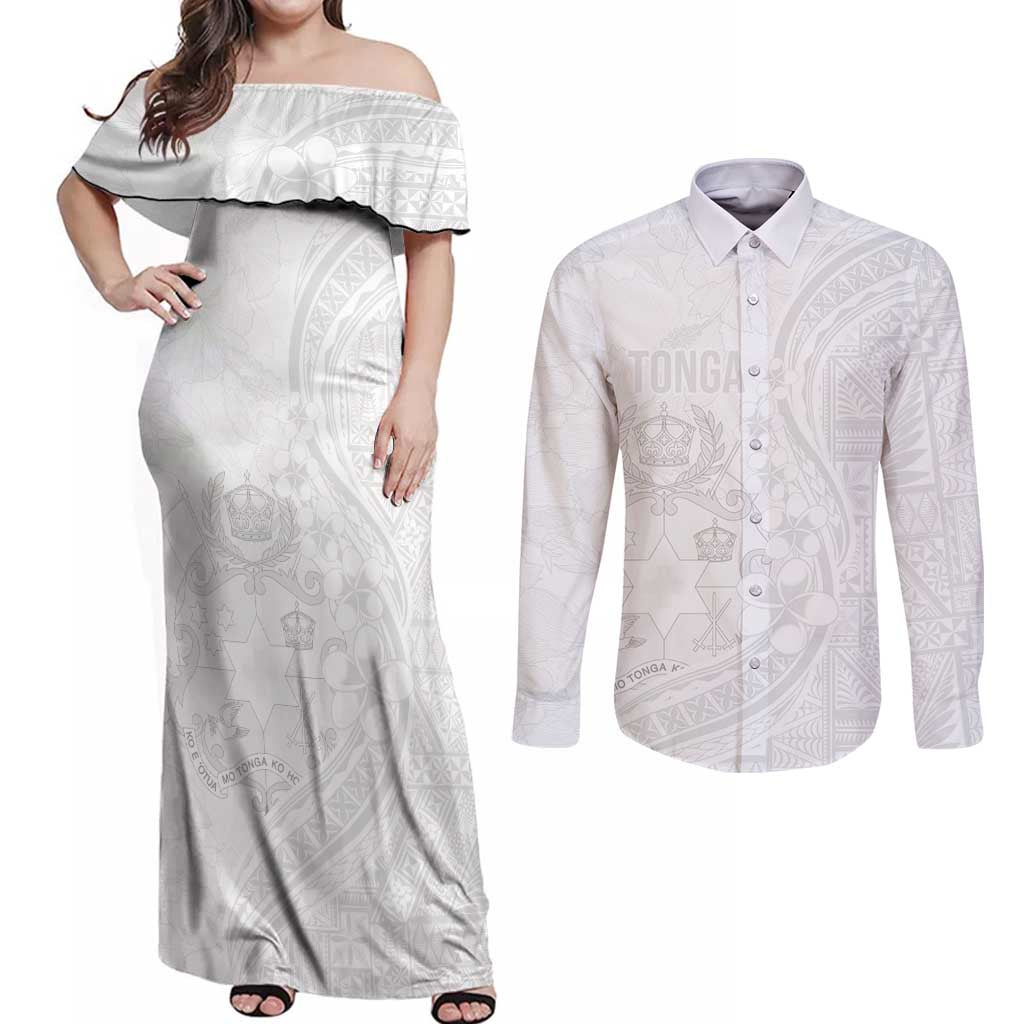 Tonga Faka Sepitema Couples Matching Off Shoulder Maxi Dress and Long Sleeve Button Shirt Ngatu Pattern with Plumeria and Hibiscus LT03 White - Polynesian Pride