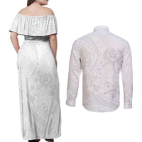 Tonga Faka Sepitema Couples Matching Off Shoulder Maxi Dress and Long Sleeve Button Shirt Ngatu Pattern with Plumeria and Hibiscus