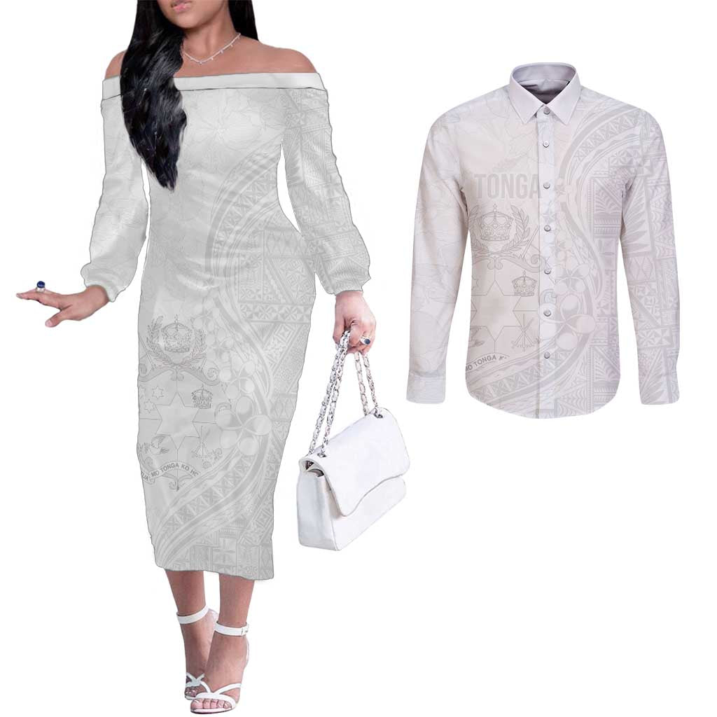Tonga Faka Sepitema Couples Matching Off The Shoulder Long Sleeve Dress and Long Sleeve Button Shirt Ngatu Pattern with Plumeria and Hibiscus LT03 White - Polynesian Pride