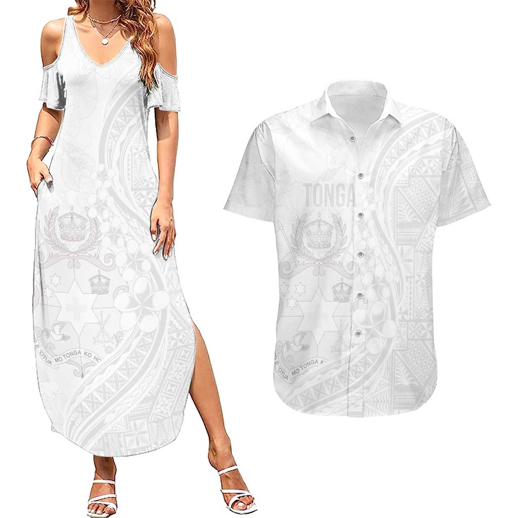 Tonga Faka Sepitema Couples Matching Summer Maxi Dress and Hawaiian Shirt Ngatu Pattern with Plumeria and Hibiscus LT03 White - Polynesian Pride