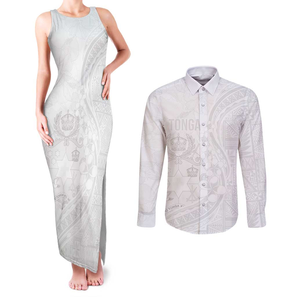 Tonga Faka Sepitema Couples Matching Tank Maxi Dress and Long Sleeve Button Shirt Ngatu Pattern with Plumeria and Hibiscus LT03 White - Polynesian Pride
